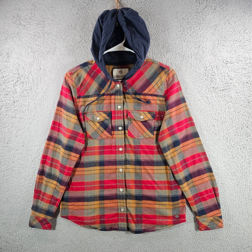 Legendary Whitetails Womens Plaid Hooded Flannel‎ Shirt Red Orange Blue Small